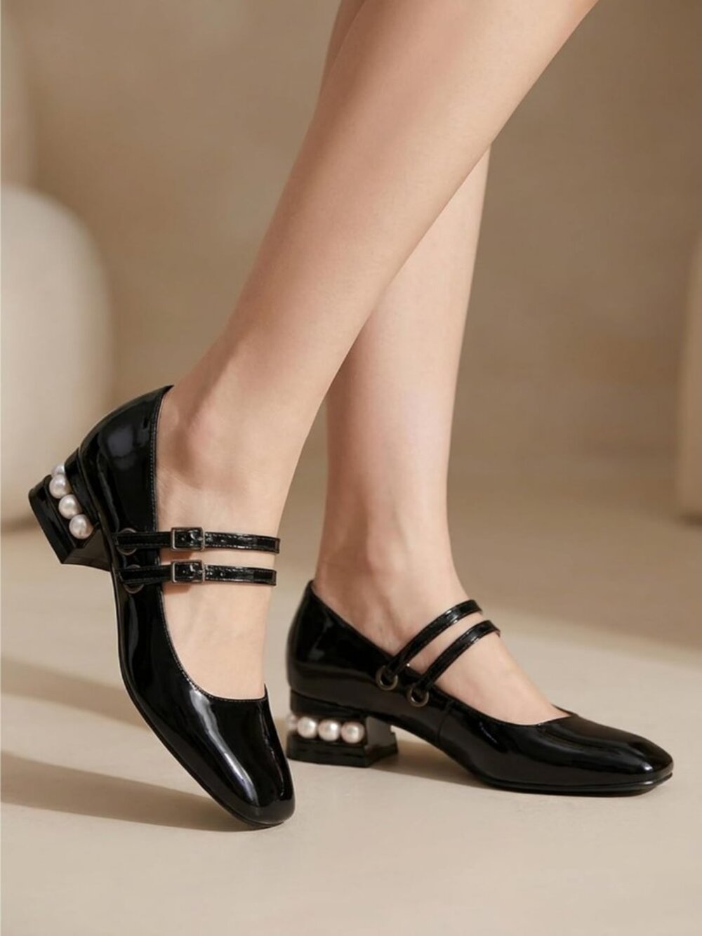 Women's Pearl Black Mary Jane Low Pearl Heels Square Toe Pumps Ballet Shoes - Picture 2 of 6